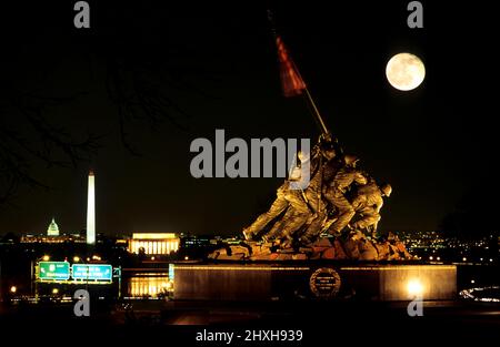 Die Skyline von Washington DC bei Nacht bei Vollmond, mit dem US Capitol Building, dem Lincoln Memorial und dem Washington Monument - Washington DC, USA. Stockfoto