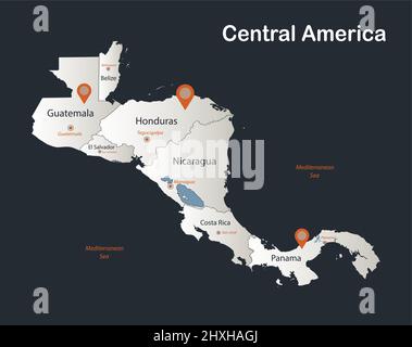 Zentralamerika-Karte, Infografiken flache Designfarben schneeweiß, mit Namen der einzelnen Bundesstaaten und Stadtvektor Stock Vektor