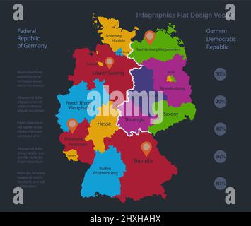 Infografiken Deutschland-Karte aufgeteilt auf West- und Ostdeutschland mit Namen von Regionen, flachen Designfarben, blauem Hintergrund mit orangenen Punktvektoren Stock Vektor