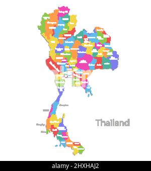 Thailand Karte, einzelne Regionen mit Namen, administrative Teilung, Farben Karte isoliert auf weißem Hintergrund Vektor Stock Vektor