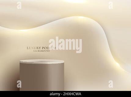 3D realistische Luxus-braune Podium-Plattformen Display mit goldenen Fluidwellen-Form mit Lichteffekt Funken auf klarem Hintergrund. Sie können für sho verwenden Stock Vektor