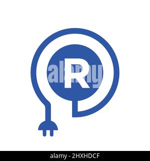 Elektrisches Logo auf Buchstabe R-Zeichen. R Buchstabe Logo mit Curl-Kabel und Steckeradapter, Elektrizität, Industrie und Technologie Vektorvorlage Stock Vektor
