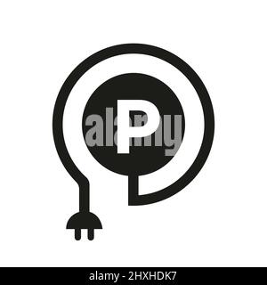 Elektrisches Logo auf Buchstabe P-Zeichen. P Buchstabe Logo mit Lockenkabel und Steckeradapter, Strom, Industrie und Technologie Vektorvorlage Stock Vektor