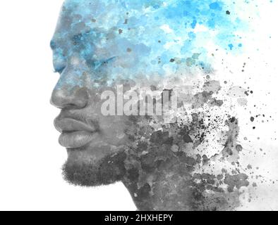 Paintographie. Künstlerisches Porträt des jungen Mannes kombiniert mit handgemaltem Muster Stockfoto