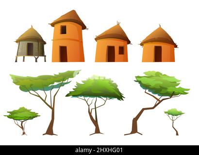 Set von Afrika Dorf. Ländliche Häuser aus Lehm und Stroh. Afrikanische Landschaft. Isoliert auf weißem Hintergrund. Akazienbäume. Vektor. Stock Vektor