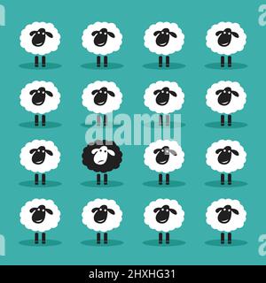 Vektor von einzelnen schwarzen Schafen in weißen Schafen Gruppe. Tier. Unähnliches Konzept. Leicht editierbare Vektorgrafik mit Ebenen. Stock Vektor