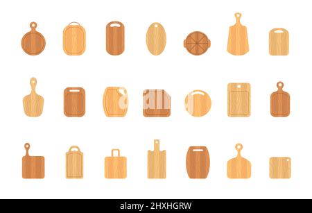 Set aus Holzschneidebrettern. Küchengeräte in verschiedenen Formen. Draufsicht. Vektor-Illustration im flachen Cartoon-Stil Stock Vektor