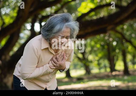 Ältere asiatische Frau Problem Brustschmerzen oder Herzinfarkt im Freien im Park, Herzprobleme, eine ältere Frau mit Brustschmerzen leiden an Herzerkrankungen, h Stockfoto