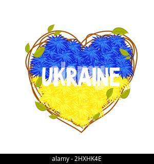 Ukrainische Flagge, Nationalflagge aus Blumen Text Ukraine mit zwei Farben blau und gelb Herzform aus Stäben mit Blättern im Cartoon-Stil. Elemente für das Design. . Vektorgrafik Stock Vektor