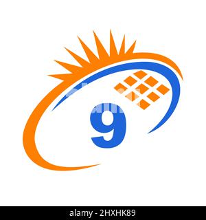 Brief 9 im Inneren von Solarzellen- oder Solarpanel-Energie-Logo-Design. Brief 9 Logo mit Solar-Elemente, Sonne, Sonnenkollektoren Zeichen Stock Vektor