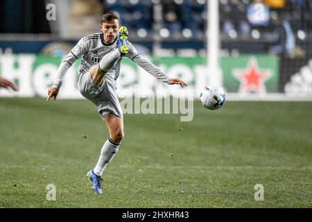 Chester, PA USA, 12. März 2022 - Goalie Andre Blake spricht zu seiner Verteidigung, als die Philadelphia Union die Erdbeben in San Jose 2 - 0 während eines Major League Soccer MLS-Profifußballspiels besiegt Stockfoto