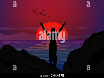 Zeichnung Konzept Silhouette Thanksgiving der Mann stehen, um Ihre Hand mit Meer und Sonnenuntergang Hintergrund Vektorgrafik heben Stock Vektor