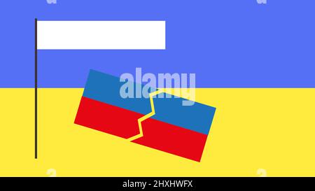 Weiße Flagge der russischen Kapitulation vor dem Hintergrund der ukrainischen gelben und blauen Flagge Stockfoto