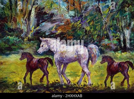 Handgemalte Original-Meisterwerke des Impressionismus Maler Kunst Ölmalerei Pferd und Pony im Zoo Stockfoto