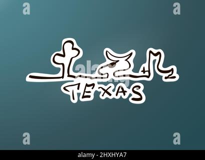 Handgezeichnetes Texas-Logo. Schwarz-weiß skizziert Kakteen, Schädel und Stiefel. Etikett für den Aufkleber für den Außenbereich. Komisches Emblem für den Staat. Stock Vektor