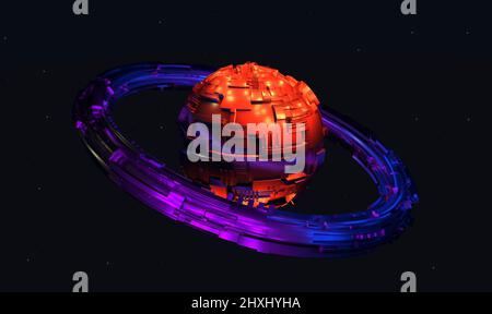 3D technologische Komposition einer futuristischen Raumstation, eines Schiffes oder eines Planeten auf einem Hintergrund eines schwarzen leeren Raums. Technologie, Cyberpunk, Science-Fiction-Konzept. Hochwertige 3D-Illustration Stockfoto
