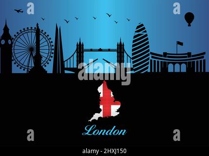 London City Skyline Silhouette - Illustration, Stadt im blauen Hintergrund, Karte von England Stock Vektor