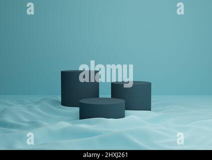 Pastell- und Dunkelblau-Komposition aus drei Podien oder steht für Produktanzeige auf Stoff mit neutralem, einfachem, minimalem Hintergrund 3D-Rendering Stockfoto