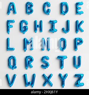 26 Buchstaben von A bis Z 3D Illustration eines blauen silbernen Ballons isoliert auf weißem Hintergrund Stockfoto