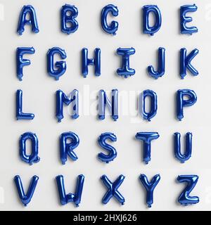 26 Buchstaben von A bis Z 3D Darstellung eines glänzenden blauen Ballons isoliert auf weißem Hintergrund Stockfoto