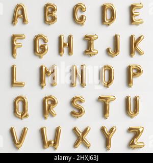 26 Buchstaben von A bis Z 3D Abbildung von goldenen Luftballons vom Typ 1 isoliert auf weißem Hintergrund Stockfoto