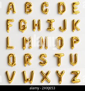 26 Buchstaben von A bis Z 3D Abbildung von goldenen Luftballons vom Typ 2 isoliert auf weißem Hintergrund Stockfoto