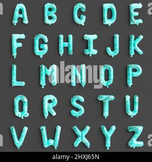 26 Buchstaben von A bis Z 3D Darstellung eines holographischen Ballons isoliert auf schwarzem Hintergrund Stockfoto