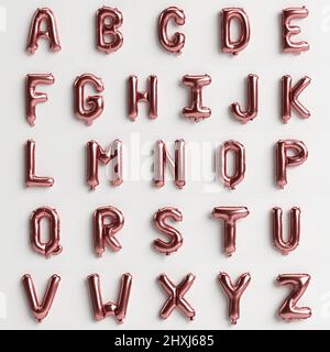 26 Buchstaben von A bis Z 3D Illustration von metallisch roségoldfarbenen Ballons isoliert auf weißem Hintergrund Stockfoto