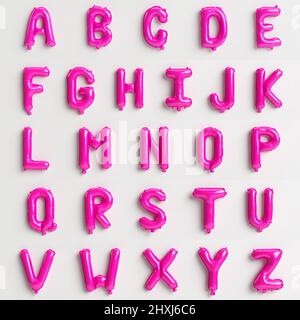 26 Buchstaben von A bis Z 3D Abbildung von pinken Ballons vom Typ 2 isoliert auf weißem Hintergrund Stockfoto