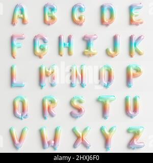 26 Buchstaben von A bis Z 3D Abbildung von Regenbogenballons vom Typ 1 isoliert auf weißem Hintergrund Stockfoto