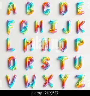 26 Buchstaben von A bis Z 3D Abbildung von Regenbogenballons vom Typ 2 isoliert auf weißem Hintergrund Stockfoto