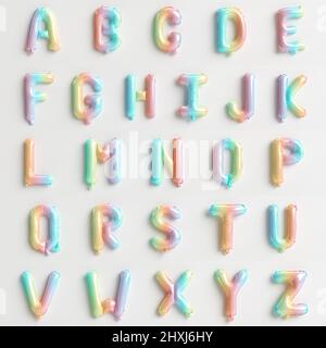 26 Buchstaben von A bis Z 3D Abbildung von Regenbogenballons vom Typ 5 isoliert auf weißem Hintergrund Stockfoto