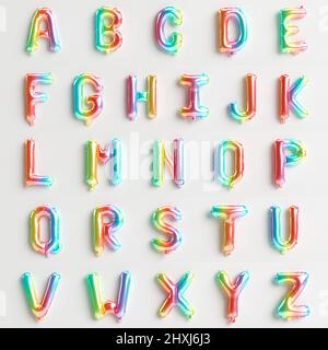 26 Buchstaben von A bis Z 3D Abbildung von Regenbogenballons vom Typ 6 isoliert auf weißem Hintergrund Stockfoto