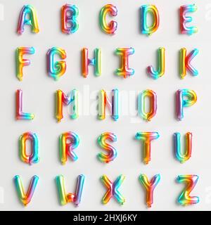 26 Buchstaben von A bis Z 3D Abbildung von Regenbogenballons vom Typ 7 isoliert auf weißem Hintergrund Stockfoto