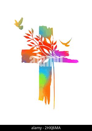 Mehrfarbiger Kreuzverfärbungen. Kreuz aus Regenbogenblots. Frohe Ostern. Vektorgrafik Stock Vektor