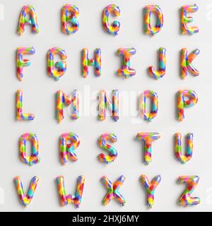 26 Buchstaben von A bis Z 3D Abbildung von Regenbogenballons vom Typ 10 isoliert auf weißem Hintergrund Stockfoto