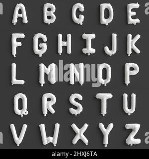 26 Buchstaben von A bis Z 3D Darstellung von weißen Ballons isoliert auf schwarzem Hintergrund Stockfoto