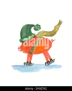 Aquarell Schwein auf Skate Illustration. Handbemalter lustiger Charakter auf weißem Hintergrund. Grußkartenelement für das neue Jahr 2019. Stockfoto