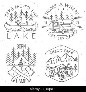 Set von Camping-Abzeichen, Patches. Vektorgrafik. Konzept für Hemd oder Logo, Print, Stempel oder T-Shirt. Vintage Line Art Design mit Bär im Kanu, See Stock Vektor