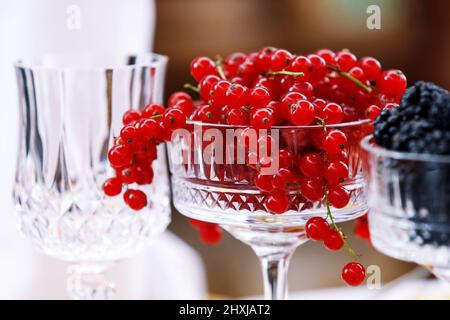 Glas gefüllt mit frischen Beeren der roten Johannisbeere. Beeren des Sommergartens. Stockfoto
