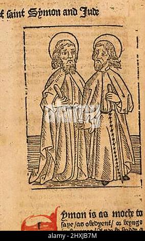 Holzschnitt aus dem 15.. Jahrhundert mit St. Simon & St. Jude, gedruckt von William Caxton ( 1422-1491/92) in seiner Übersetzung von 'The Golden Legend' oder 'so endet die legende, die in Latyn legenda aurea genannt wird und in Englysshe die goldene legende heißt' von Jacobus, de Voragine (um 1229-1298). Stockfoto