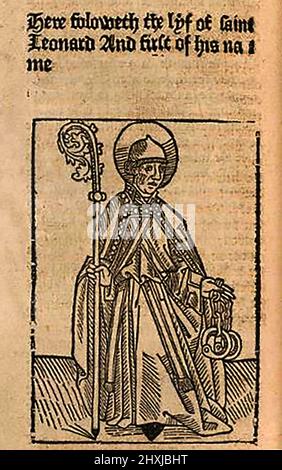 Holzschnitt aus dem 15.. Jahrhundert mit dem hl. Leonard (von Noblac / Limoges), dargestellt als Abt, der Ketten oder Orakel hält, nach dem Druck von William Caxton ( 1422-1491/92) In seiner Übersetzung von 'die goldene Legende' oder 'so endet die legende, die in Latyn legenda aurea genannt wird, das heißt, in Englysshe die goldene legende zu sagen' von Jacobus, de Voragine, (um 1229-1298). Stockfoto