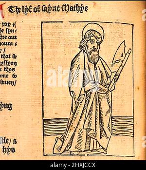 Holzschnitt aus dem 15.. Jahrhundert mit dem Matthäus, gedruckt von William Caxton ( 1422-1491/92) in seiner Übersetzung von 'die goldene Legende' oder 'so endet die legende, die in Latyn legenda aurea genannt wird, die in Englysshe die goldene legende heißt' von Jacobus, de Voragine (um 1229-1298). Stockfoto