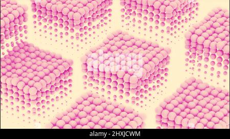 Abstrakte Komposition mit 3D Kugelhaufen. Design. Rosa glänzende Kugeln unterschiedlicher Größe, die in Reihen von rechteckigen Figuren aufgehen. Stockfoto