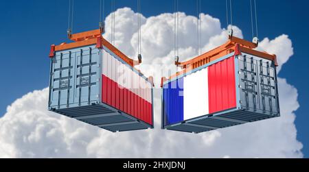 Frachtcontainer mit Nationalflagge Frankreichs und Polens. 3D Rendering Stockfoto