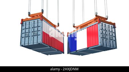 Frachtcontainer mit Nationalflagge Frankreichs und Polens. 3D Rendering Stockfoto