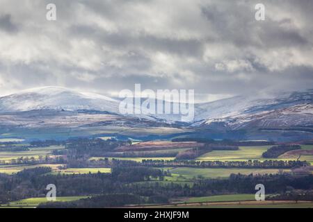 Die Cheviot Foothills im Herzen von Northumberland mit einem Staubstaub von Schnee auf den Hügeln. Stockfoto