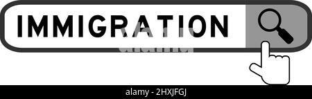 Suchbanner in Wort Einwanderung mit Hand über Lupensymbol auf weißem Hintergrund Stock Vektor