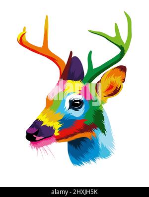 Abstraktes Hirschkopfporträt, Cervus elaphus, dama dama aus bunten Farben. Farbige Zeichnung. Vektordarstellung von Farben Stock Vektor