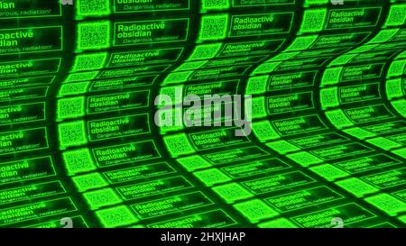 Abstrakte, gebogene dunkle Textur mit radioaktiver Warnung und qr-Codes. Bewegung. Informationen über infizierte gefährliche Bereiche, nahtlose Schleife. Stockfoto